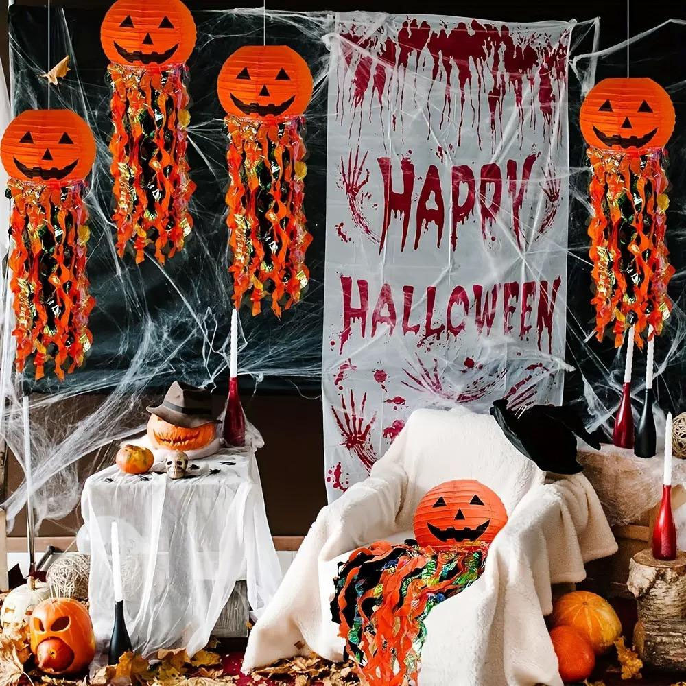 Lanterna De Abóbora Suspensa De Halloween Com Streamer De Enfeites Coloridos Decoração De Festa Assustadora Para Teto De