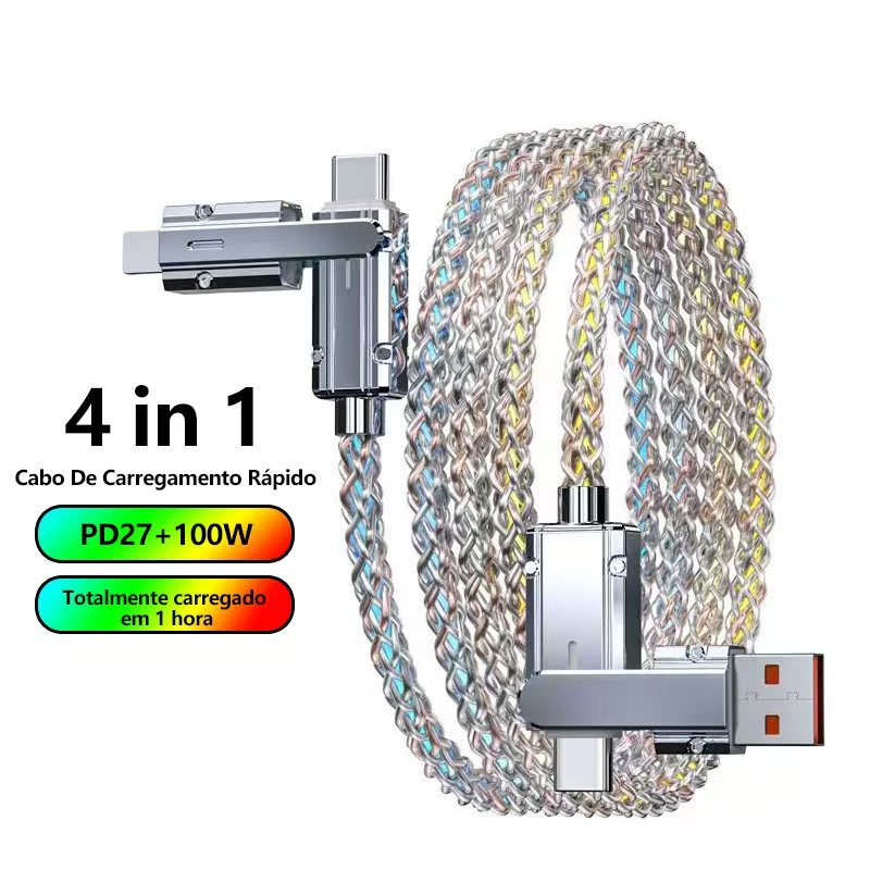 Cabo de carregamento rápido 4 em 1 para Android e iphone Streamer colorido com USB A Tipo C e Lightning