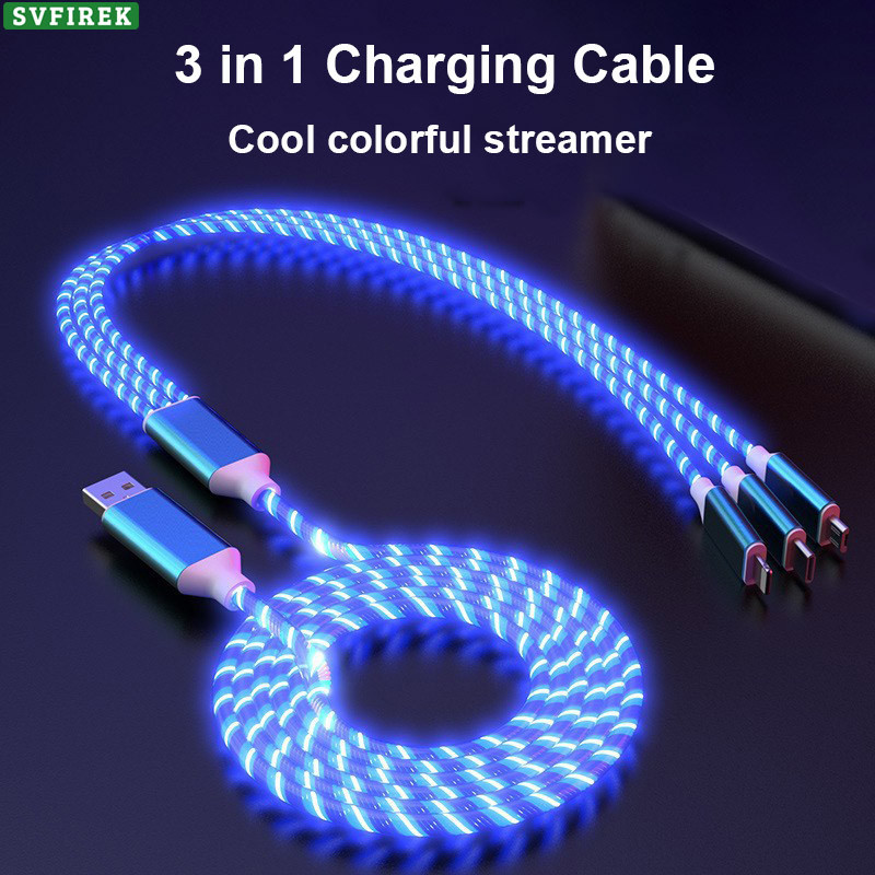 Cabo De Carregamento De Streamer Colorido 3 Em 1 2.4A 1 Arraste 3 Cabos De Dados LED USB De Luz Fio De Carga De Letreiro