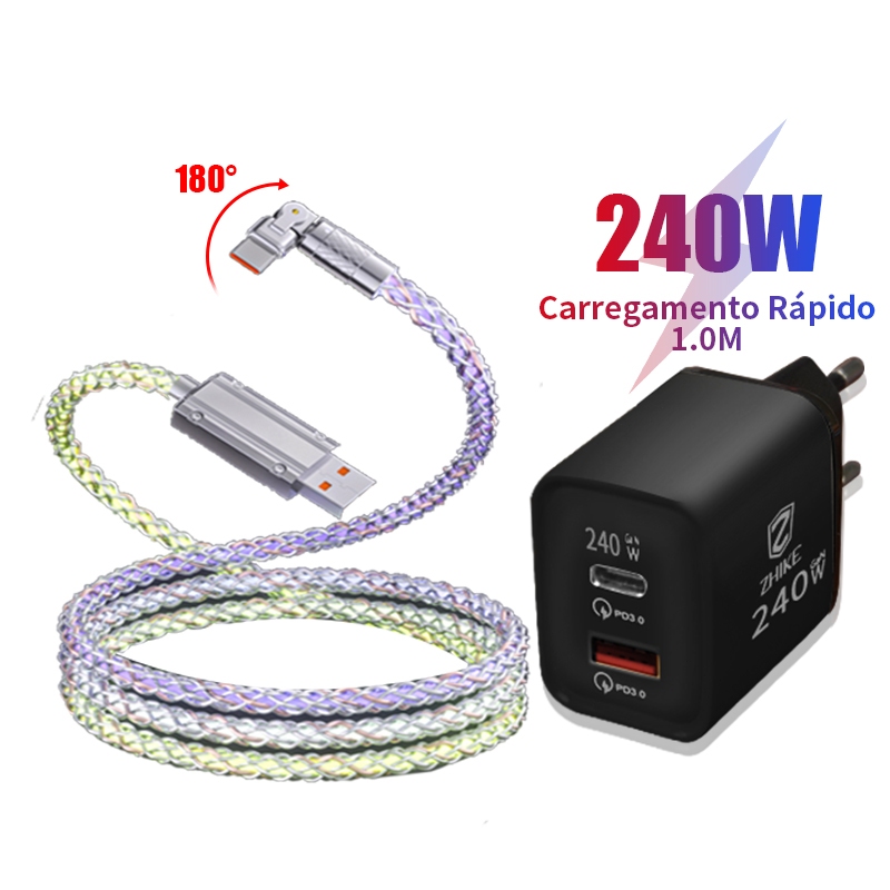 Cabo Carregador Carregamento Rápido Tipo C V8 iP 1M Rotação de 180° Streamer Colorido Com Adaptador GaN