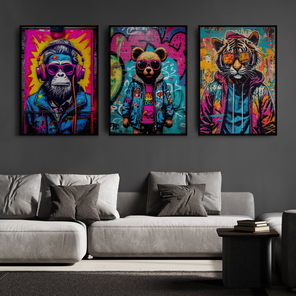 Quadro Decorativo Studio Sala Gamer Street Art Animais Streamer Youtube Live Colorido Com Moldura