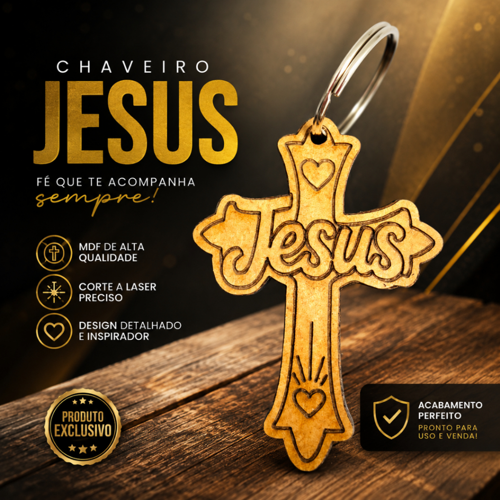 Chaveiro Jesus em MDF Cruz Religiosa com Argola | Kit 25, 50 e 100 Unidades | Lembrancinha Cristã