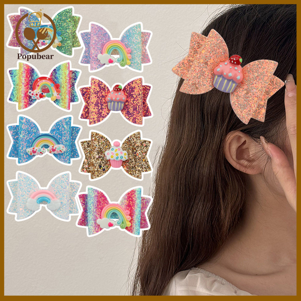 Bow Hairpin Layered Rainbow Gradient Glitter Hair Clip 3d Shape for Girls Party Accessory Side Bangs Colorful for Women
