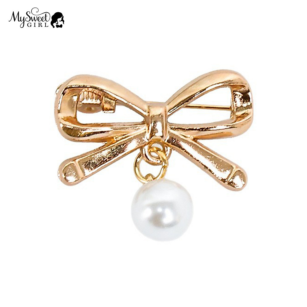 Anti-oxidation Brooch Alloy Elegant Bow Shape Pin with Imitation Pearl Lapel Badge Electroplated Perfect for Coats for S