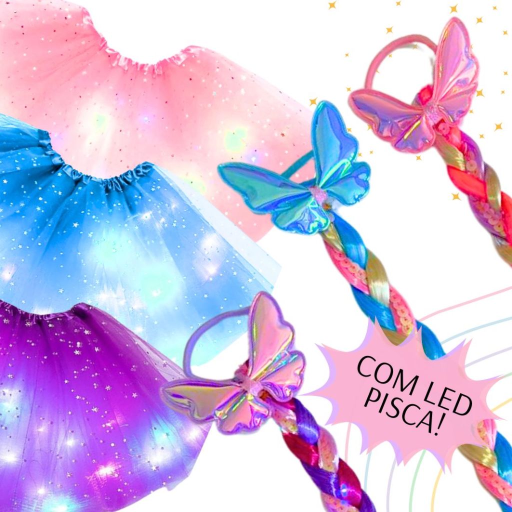 Lacinho de Cabelo Decorada Trança LED Pisca Fantasia Menina Completa Fofa Cute Presilha de Cabelo