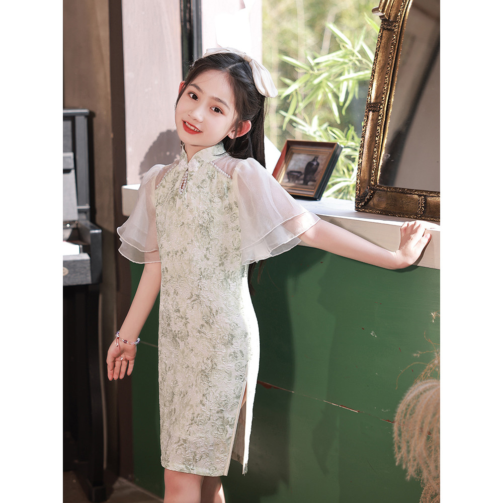 Novo estilo meninas Cheongsam verde impresso folha de lótus manga estilo fino vestido diário dia 1 estudante estilo chin