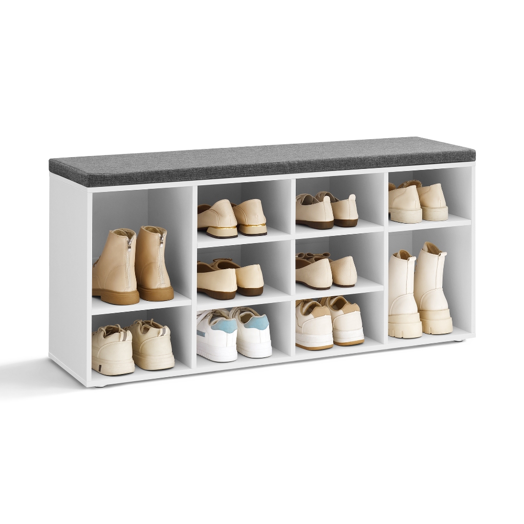 SONGMICS Banco estofado para sapatos com 10 compartimentos e prateleiras ajustáveis, 30x104x48 cm, branco e cinza