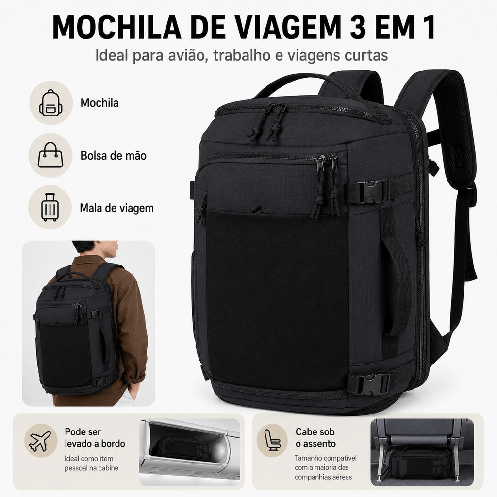 Mochila Viagem 3 Em 1 Expansível 43x29x22cm Mala De Bordo Bolsa Notebook Compartimento Sapato Preta