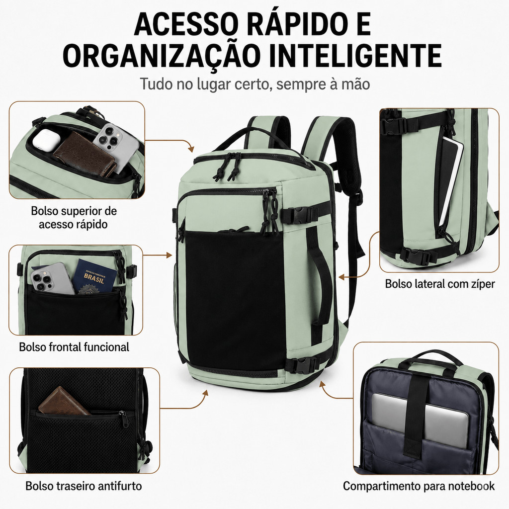 Mochila Grande Capacidade Viagem 3 Em 1 Expansível Bolsa Mala Compartimento Notebook Sapato Preta