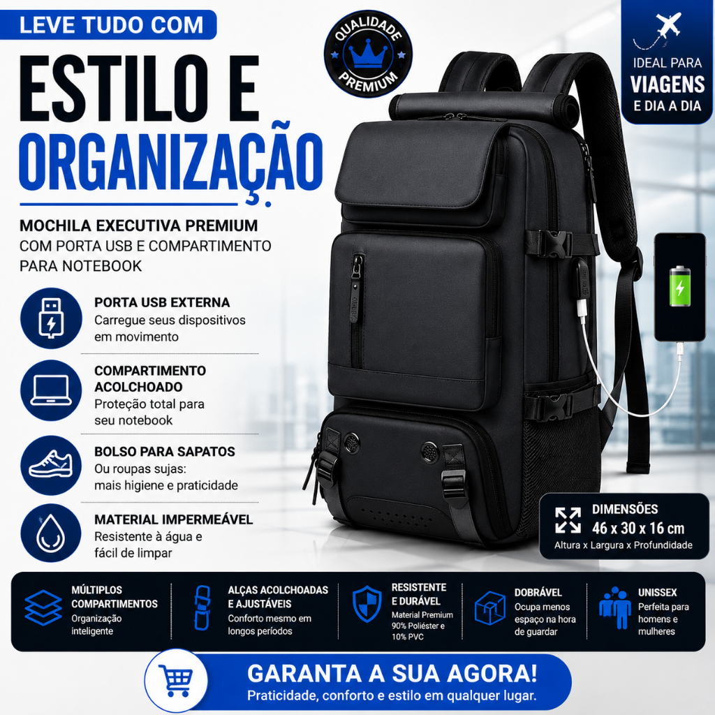 Mochila Executiva Notebook USB Impermeável Viagem Dobrável Compartimento Sapatos Masculina Feminina