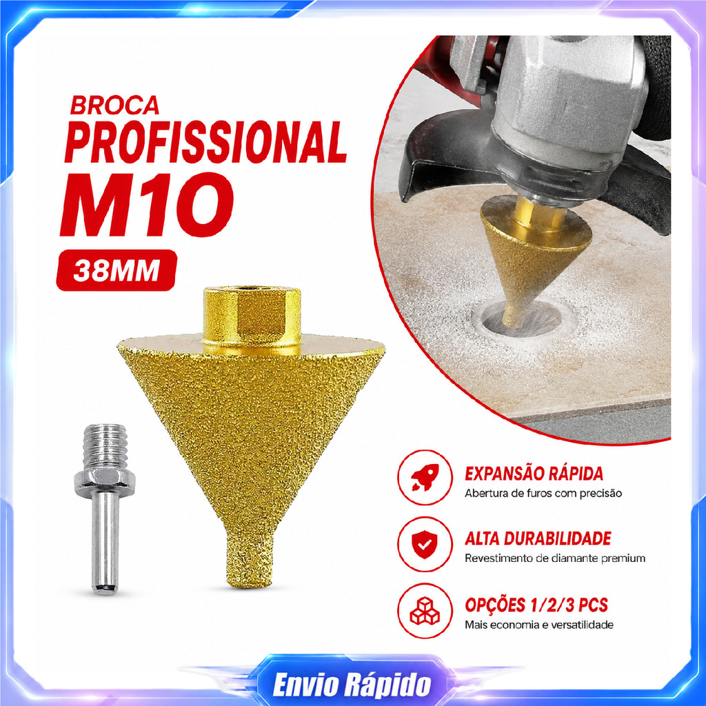 Broca diamantada chanfrar e alargar furos M10 diâmetro 38mm para esmerilhadeira com haste de conexão M10