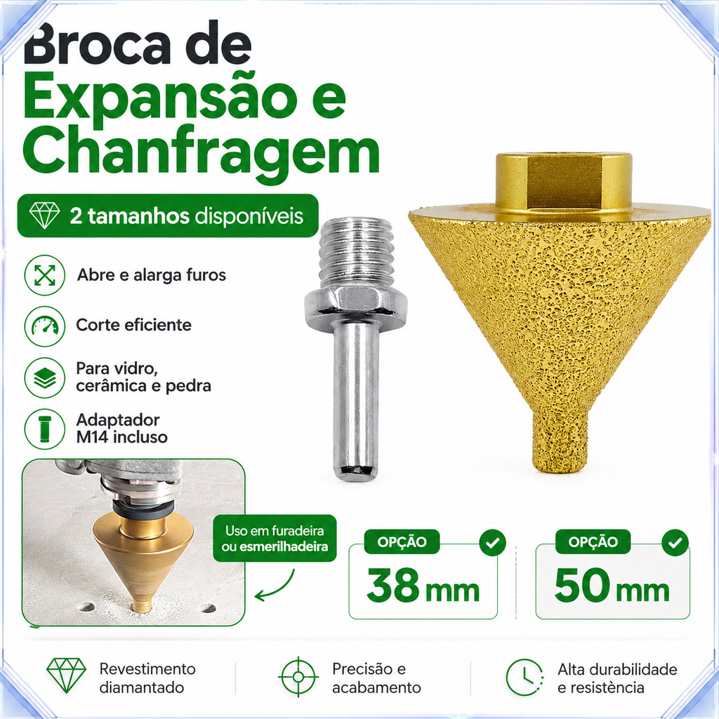 Broca chanfradora diamantada M14 para mármore granito azulejo 38mm/50mm perfura e amplia furos
