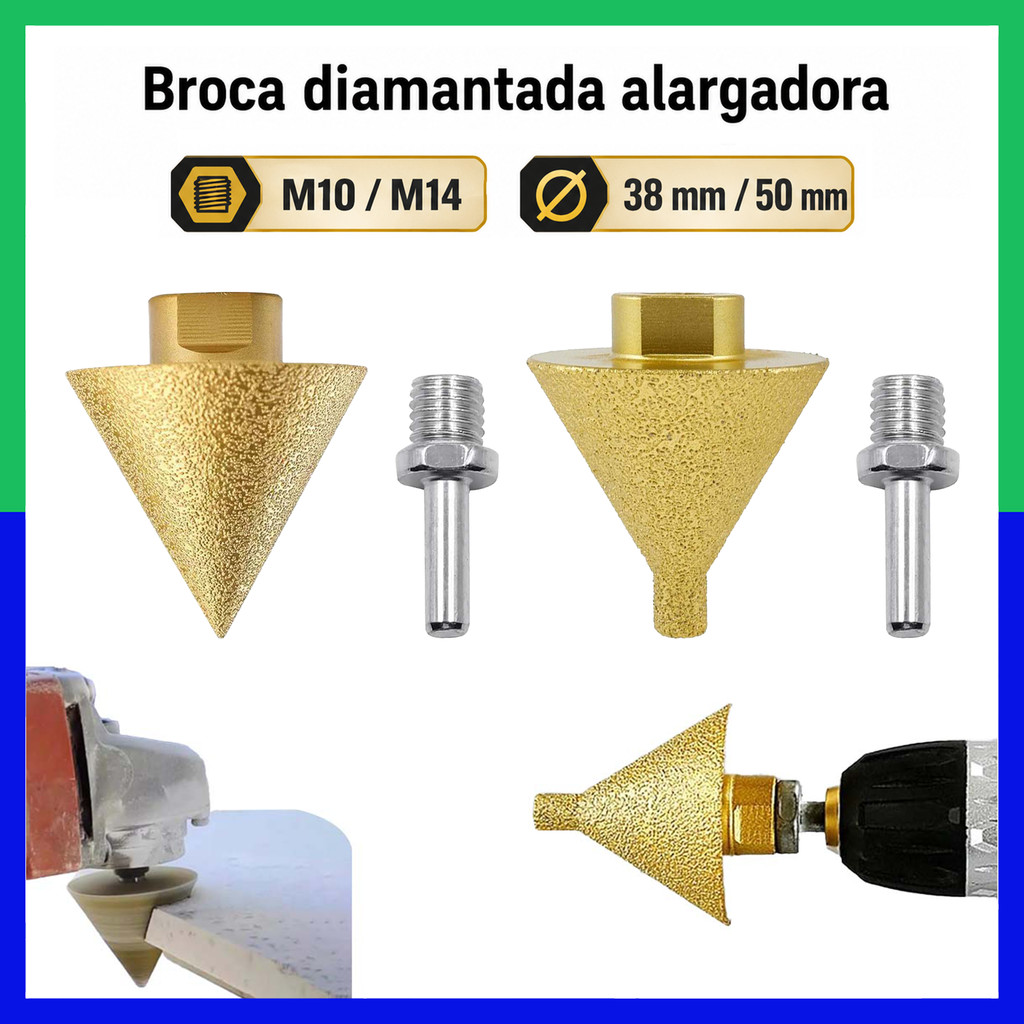 Broca Cônica Diamantada M10 M14 38mm 50mm para Furar Porcelanato e Alargar Furos