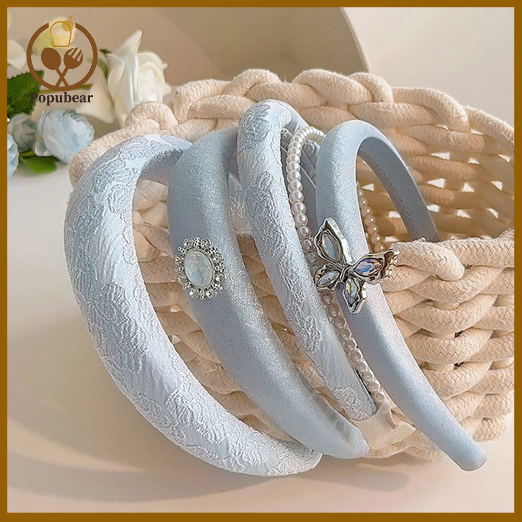 Rhinestone Decorated Headband Women’s Thick Sponge Raised Skull Natural Face Effect Faux Pearl Butterfly Hair Hoop Sty