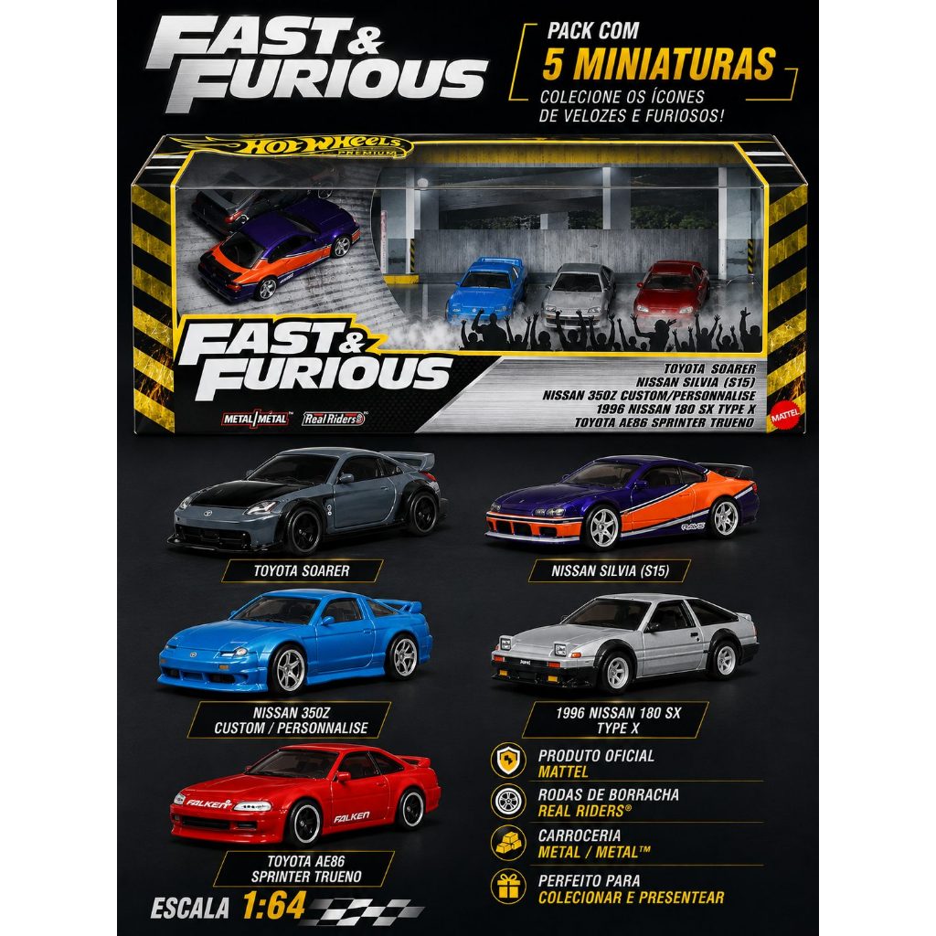 Hot Wheels Premium Fast & Furious Pack 5 Carros JDM Real Riders 1:64 Mattel
