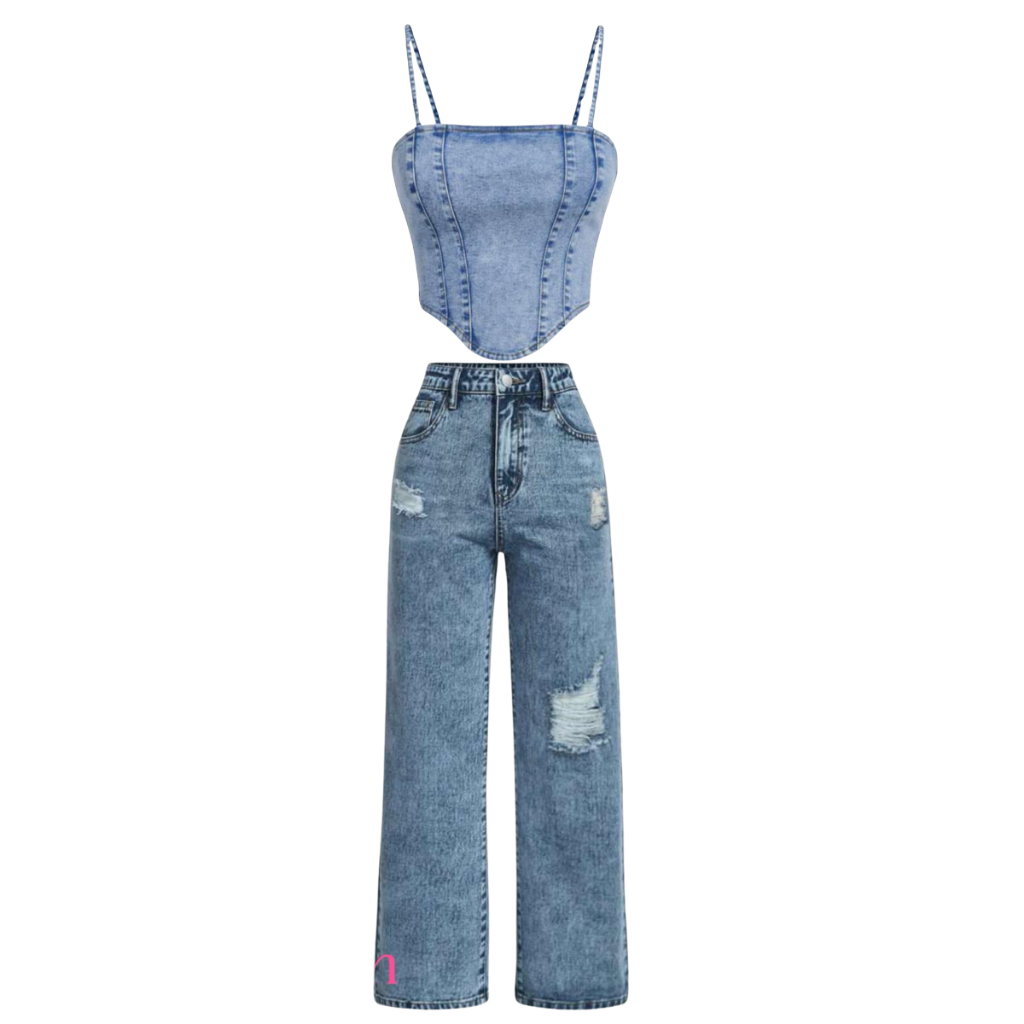 Conjunto Jeans  infantil juvenil  menina calça wide leg + cropped jeans