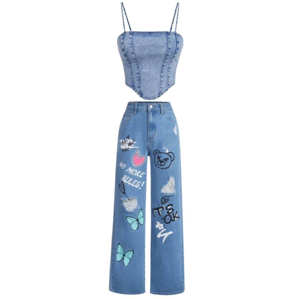 Conjunto Croped Jeans Com Calça wide leg pantalona juvenil Menina