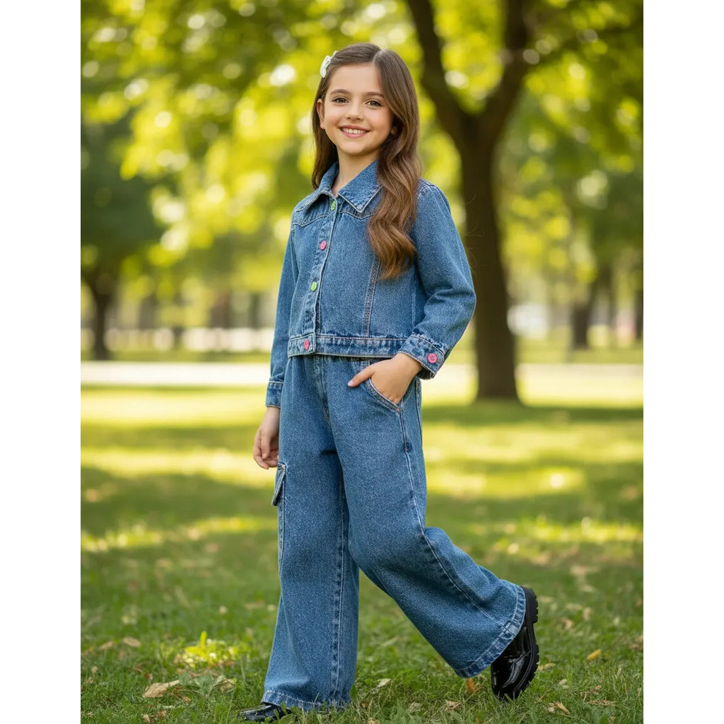 Conjunto Infantil Menina Jaqueta Malha Denin Calça Wide Leg