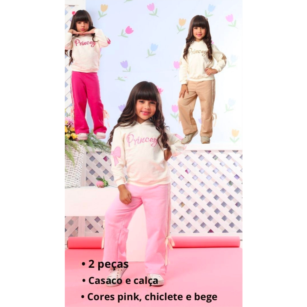 Conjunto Infantil Feminino Moletom Calça Wide Leg Laço Menina 2 ao 8