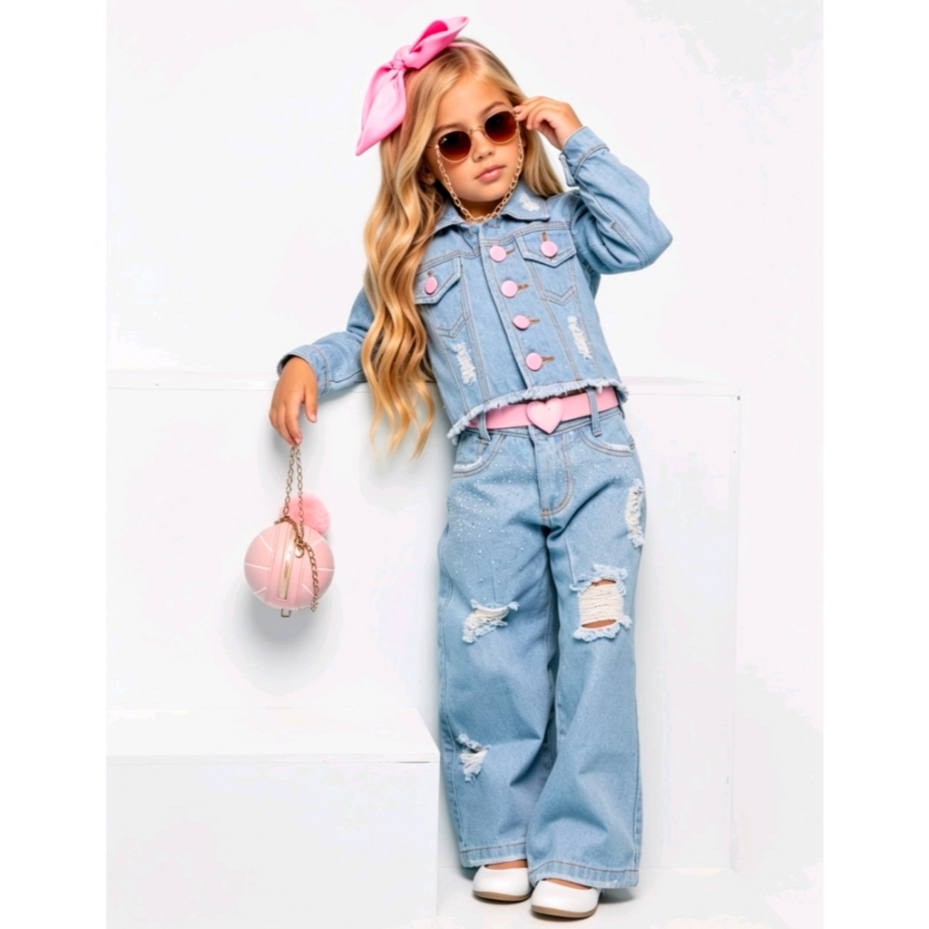 Conjunto Jeans Infantil Feminino Jaqueta + Calça Wide Leg Destroyed Cinto