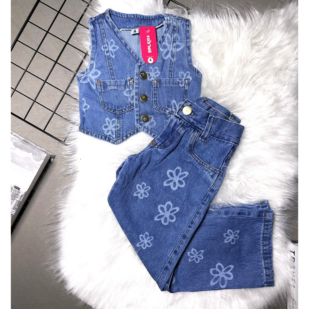 Conjunto Calça e Colete Jeans Infantil Menina Wide Leg OPL KIDS