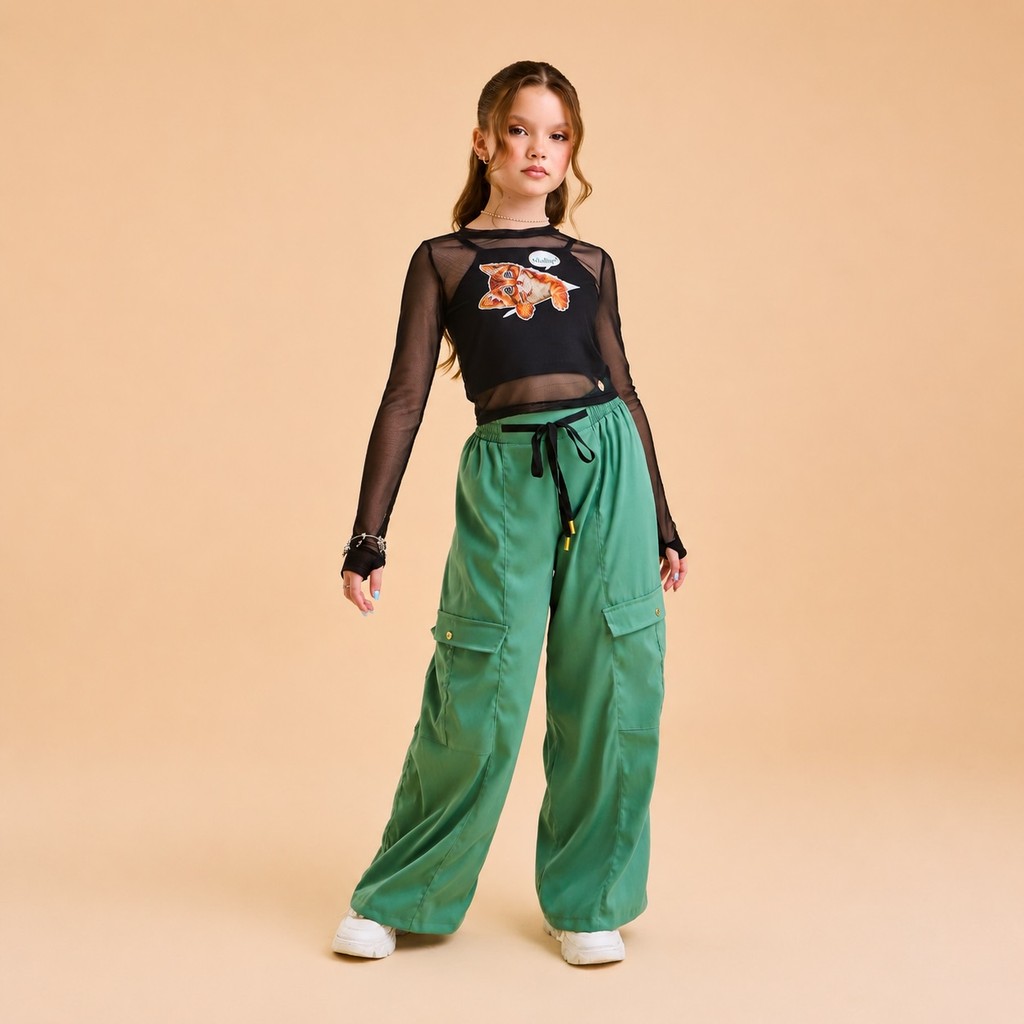 Conjunto Infantil Menina 3 peças Blusa Tule + Calça Wide Leg