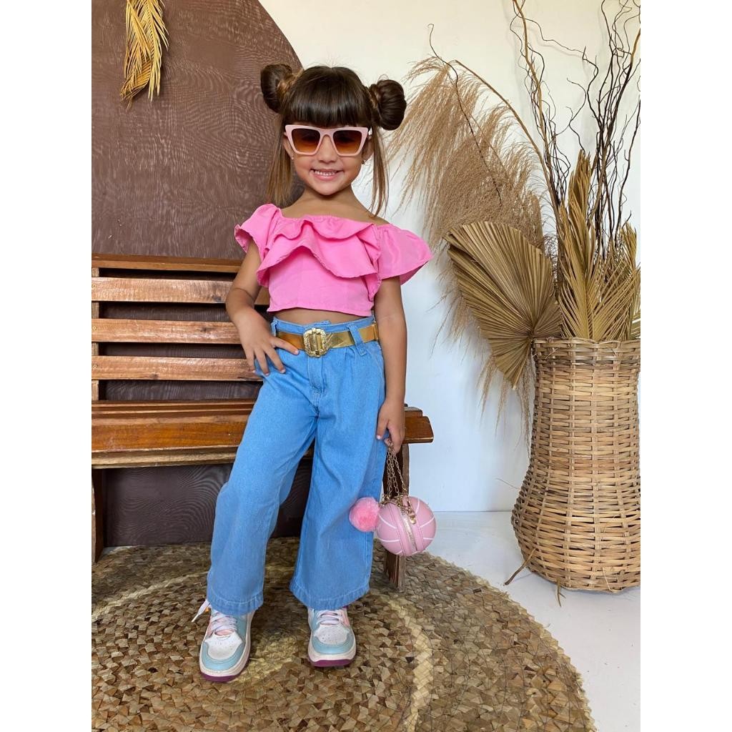 Conjunto Infantil Jeans com Calça Wid Leg e Cropped de amarração e Babados -Lais-