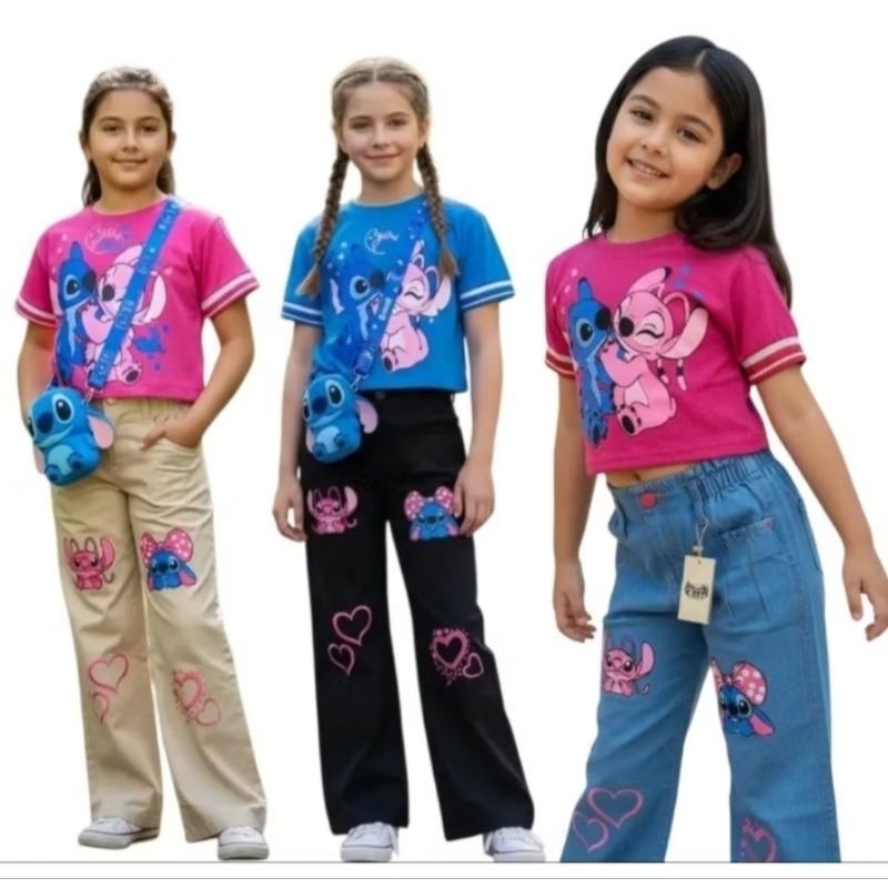 conjunto blusa cropped calça jeans infantil kit blusa do Stitch mais calça jeans pantalona wid leg menina