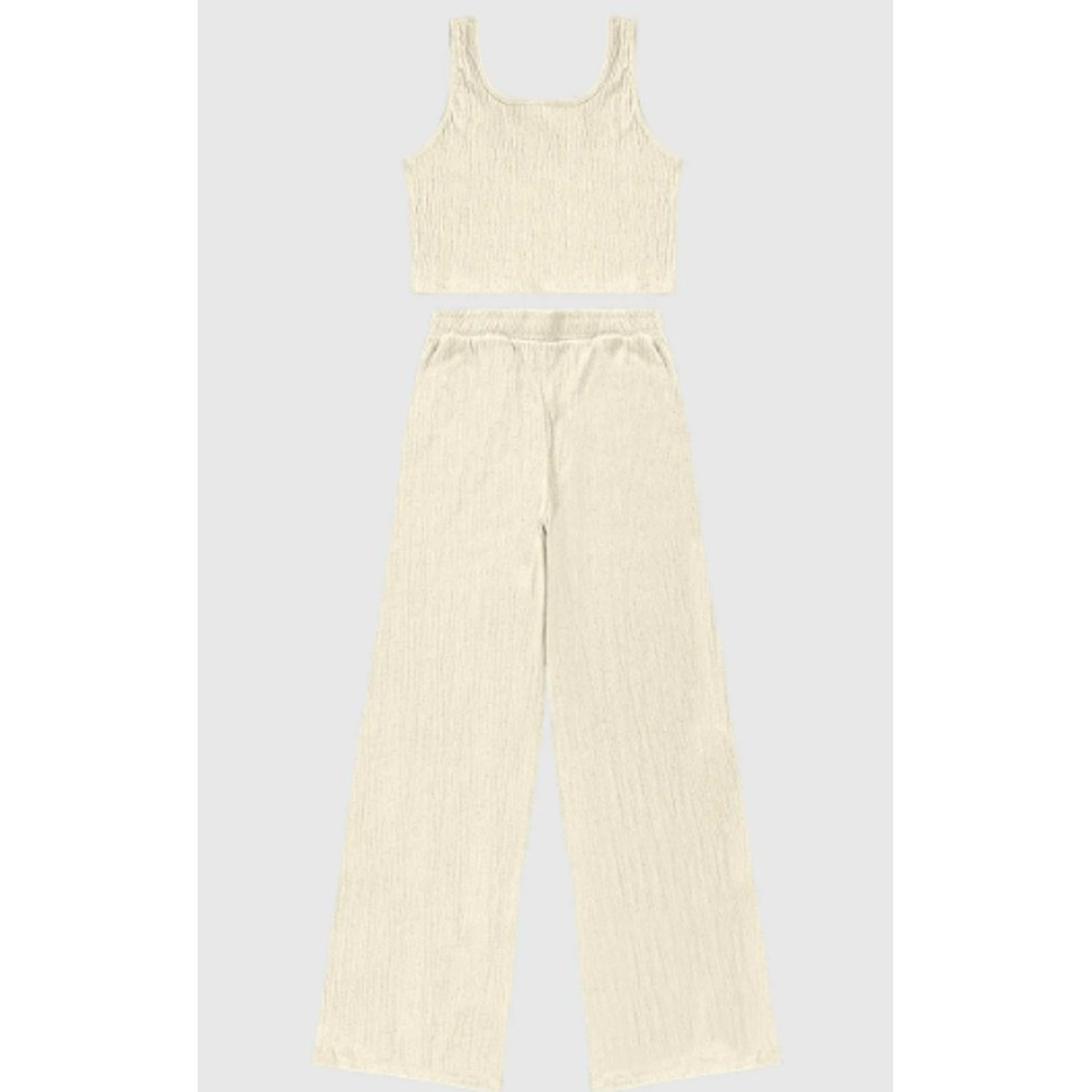 Conjunto Menina Cropped E Calça Wide Leg Em Malha Texturizada Malwee Kids Off White