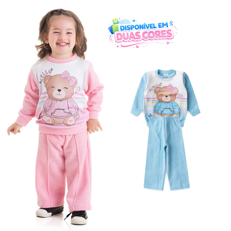 Conjunto Feminino Infantil Inverno 1 a 3 Anos Casaco Peluciado Ursa Sublimado com Strass + Calça Pantalona wide leg