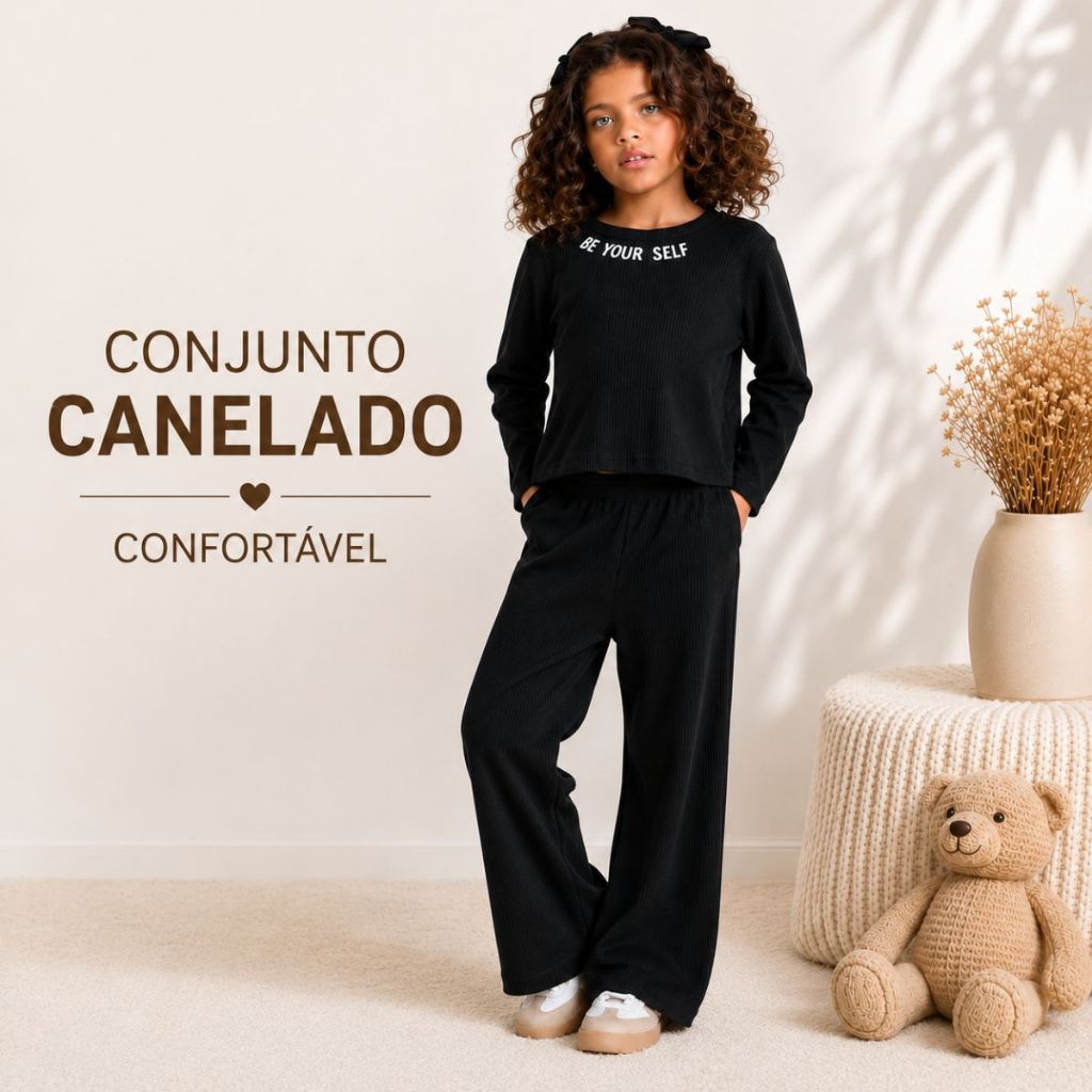 Conjunto Infantil Menina Canelado Manga Longa Calça Wide Leg Pantalona Confortável Inverno Frio Estiloso Moderno