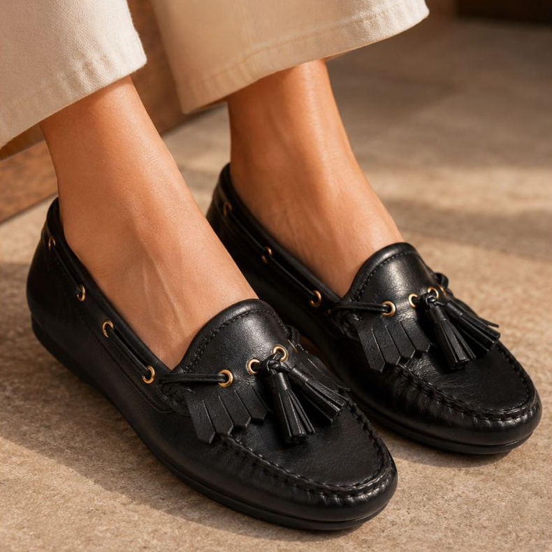 Mocassim Feminino Couro Legítimo Driver Com Franja Ponto Celeiro Confortável Macio antiderrapante Preto Vinho Bege