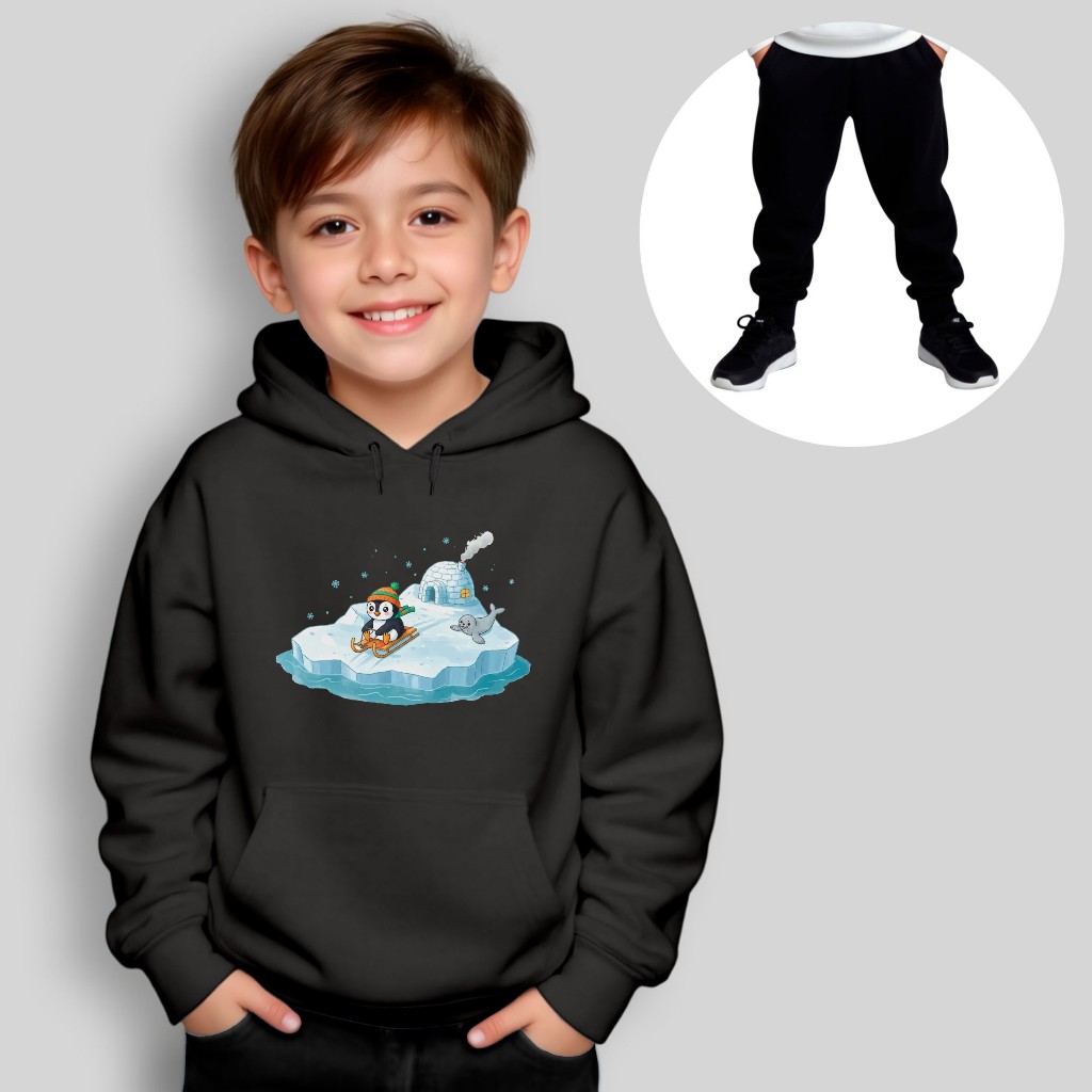 Conjunto Infantil Moletom Pinguim no Gelo Flanelado Unissex Envio Hoje