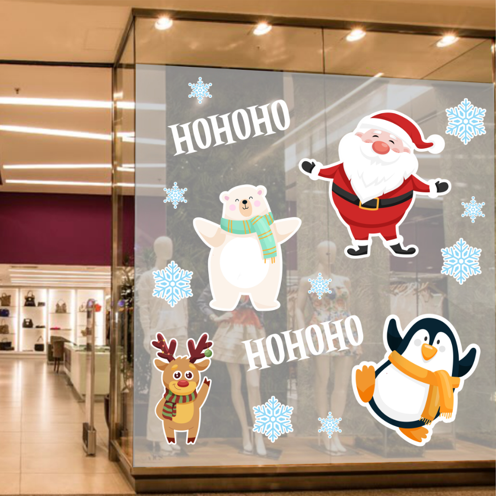 039- Papai Noel - Kit Adesivo Vinil Decorativo Vitrine, Natal, Pinguim, Urso Polar, Renna