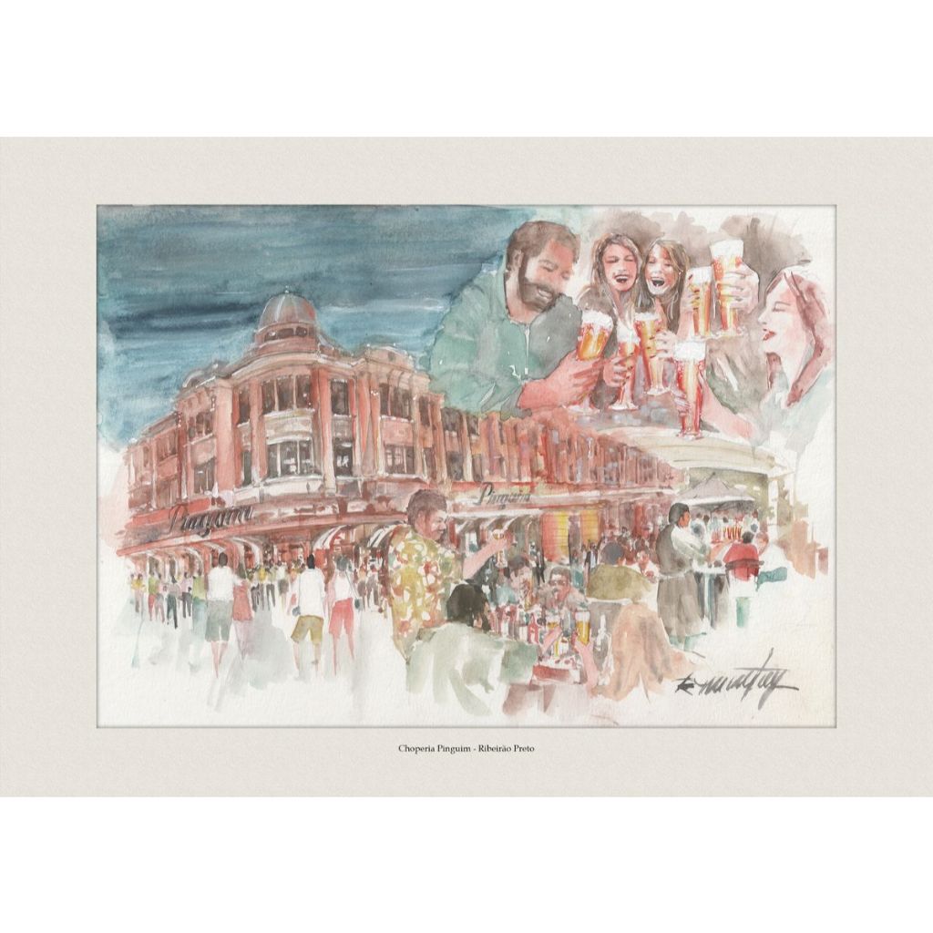 Pintura em Aquarela Choperia Pinguim - Ribeirão Preto | Quadro Decorativo | Decoração Elegante | A4