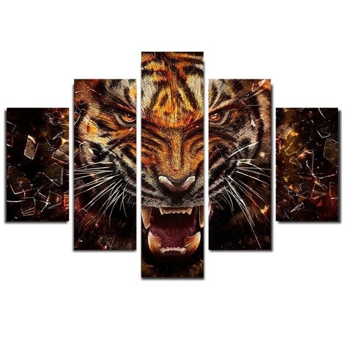 Quadro Decorativo 5 Peças Pra Sala Olhar De Tigre Onça Fer