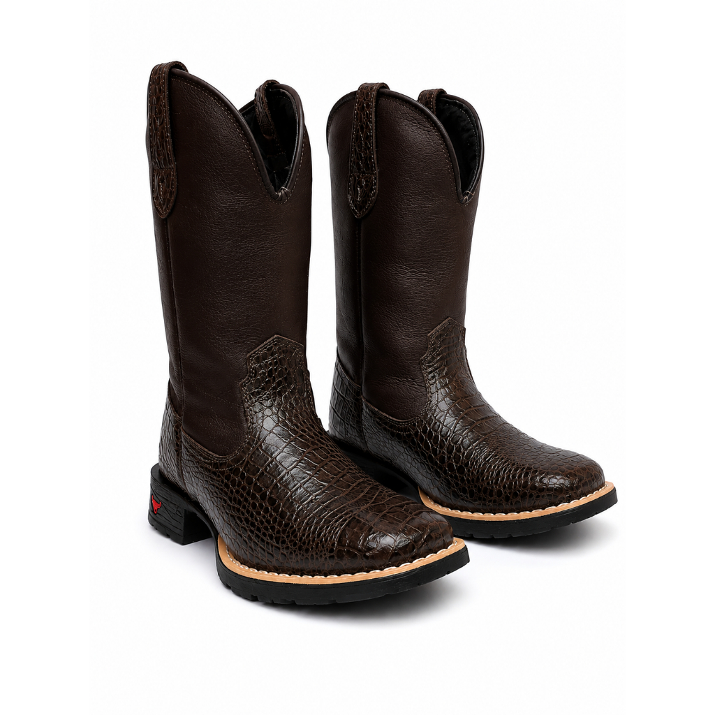 Bota Botina Texana Country Lisa Croco Café, Preto Unissex Bico Quadrado