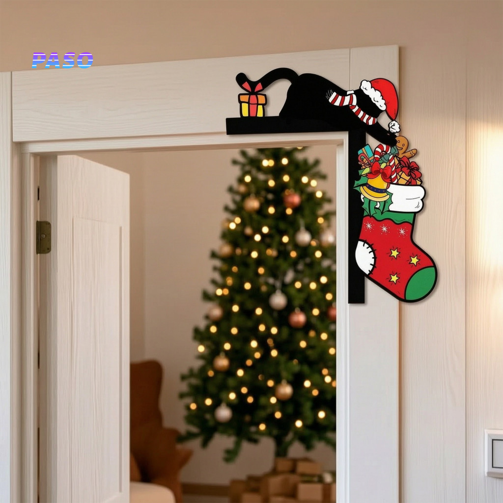 Winter Home Door Topper Christmas Corner Sign Black Cat Wooden Over Frame Funny Xmas Wall for Windows Walls for Southeas