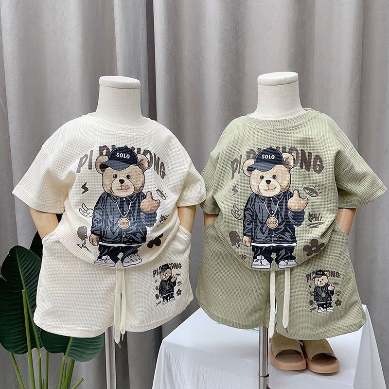 Camiseta De Verão + Shorts Roupas De 2 Peças Conjuntos De Coreanas Estilo Kids Boys Fashion Handsome Cartoon Bear Casual Sports Jersey Suit