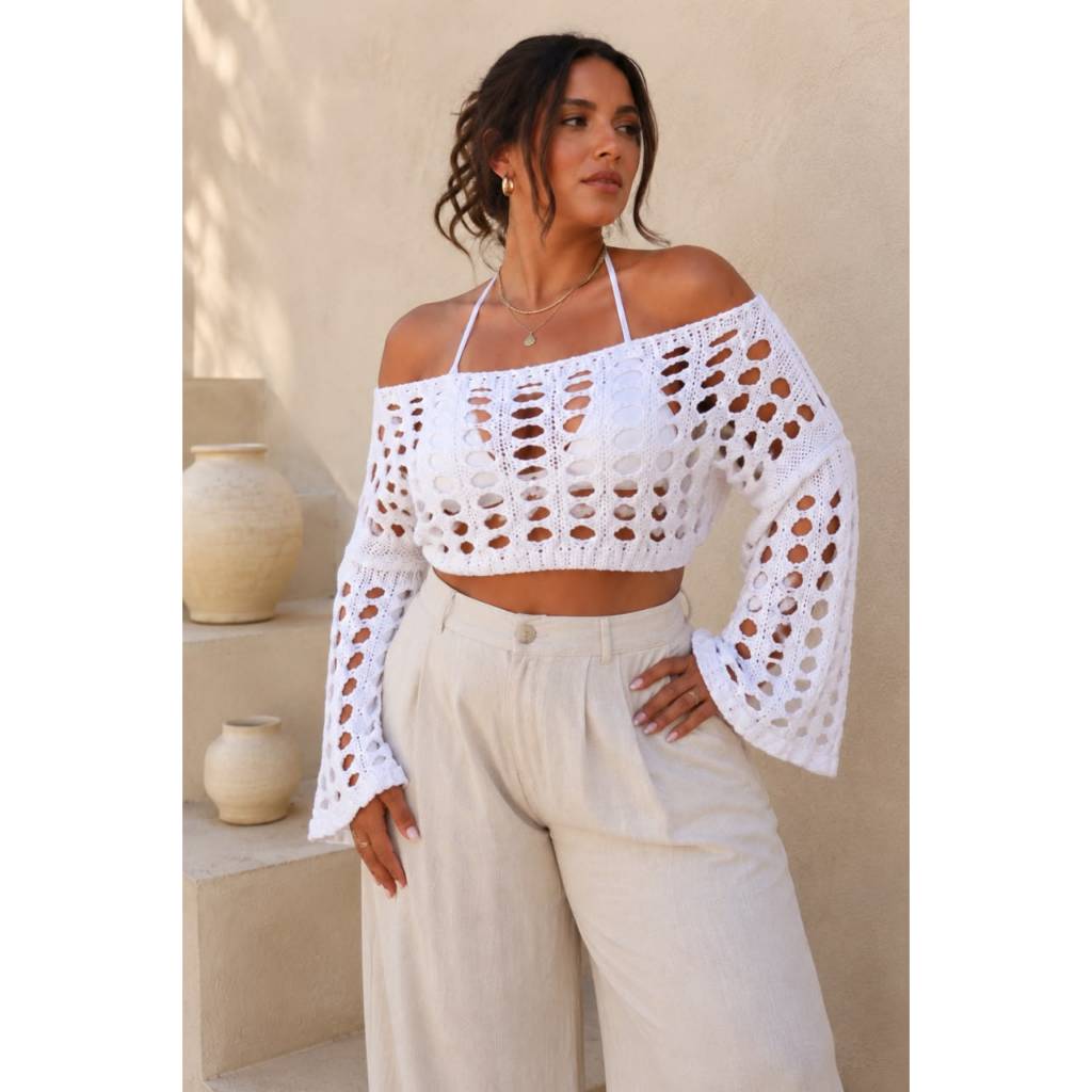 Cropped Blusa Cobertura Plus Size Manga Flare Vazada Verão Praia