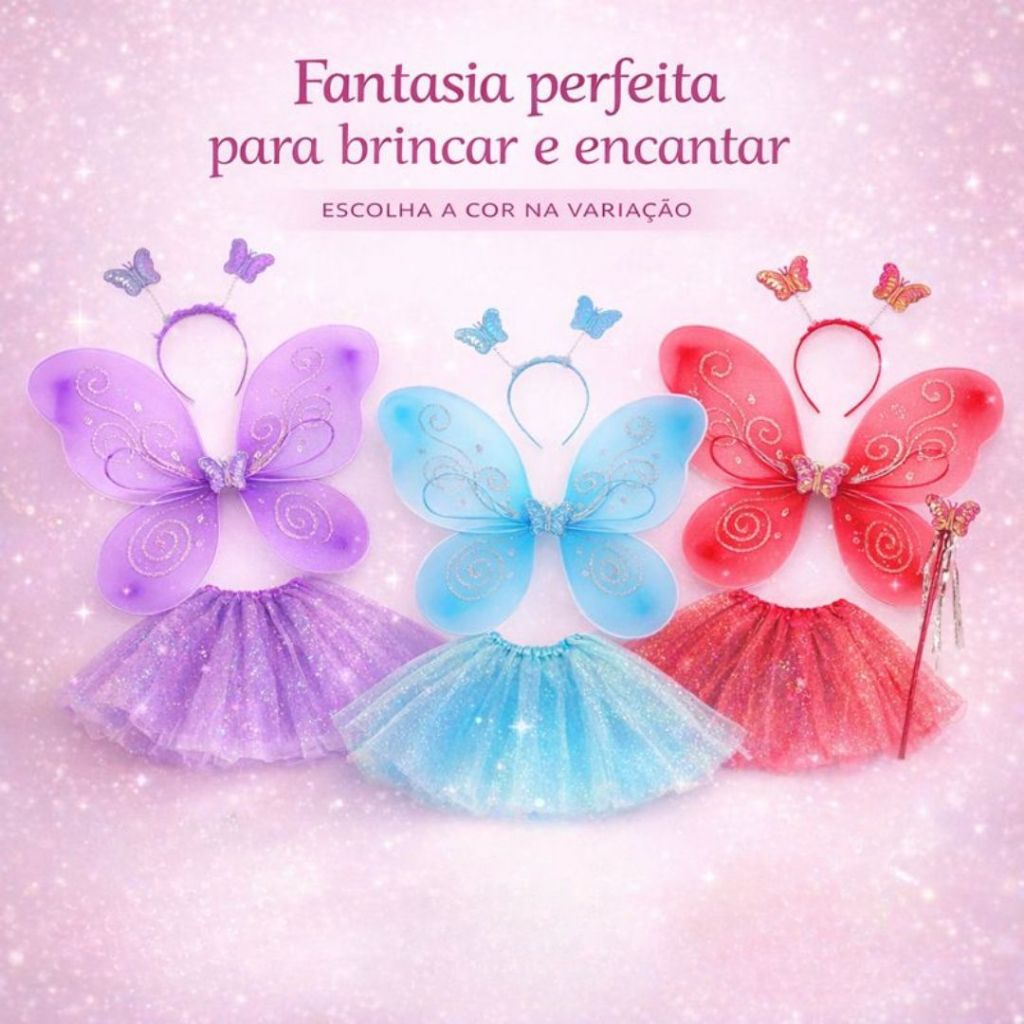 Fantasia de Borboleta Com Asa de Borboleta Saia de Tule Tiara e Varinha com Glitter Infantil Para Meninas Carnaval