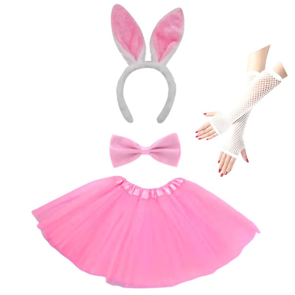 Kit Coelhinha Adulto e Infantil com Tiara, Gravata Borboleta, Saia Tule Rosa e Luva Fantasia para Festas e Carnaval