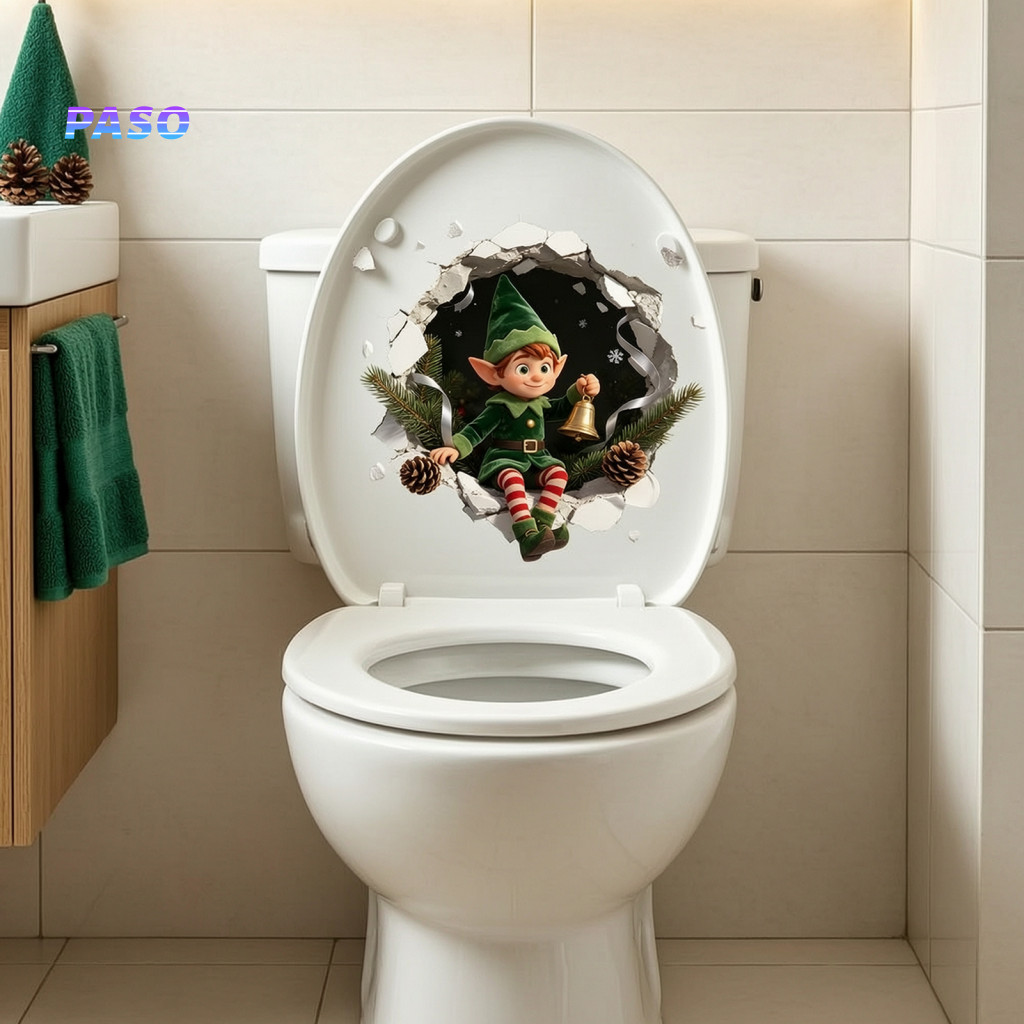 Seasonal Bathroom Wall Accents Christmas Toilet Seat Decals 3d Sticker Cute Elf Boy Cracking Decal Funny Broken Cover fo
