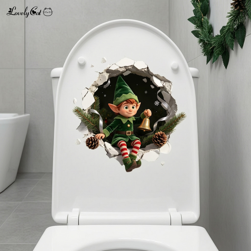 Elf Patterns for Toilet Covers Christmas Seat Decals 3d Sticker Cute Boy Cracking Wall Decal Funny Broken Cover for Holi