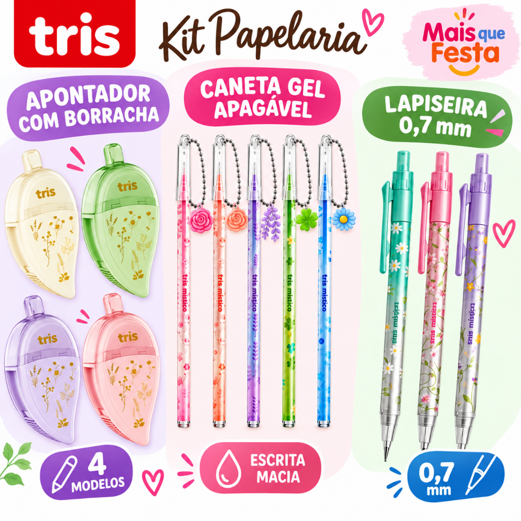 Kit Papelaria Kawaii Delicata Tris Caneta Gel 0.7mm Lapiseira e Borracha