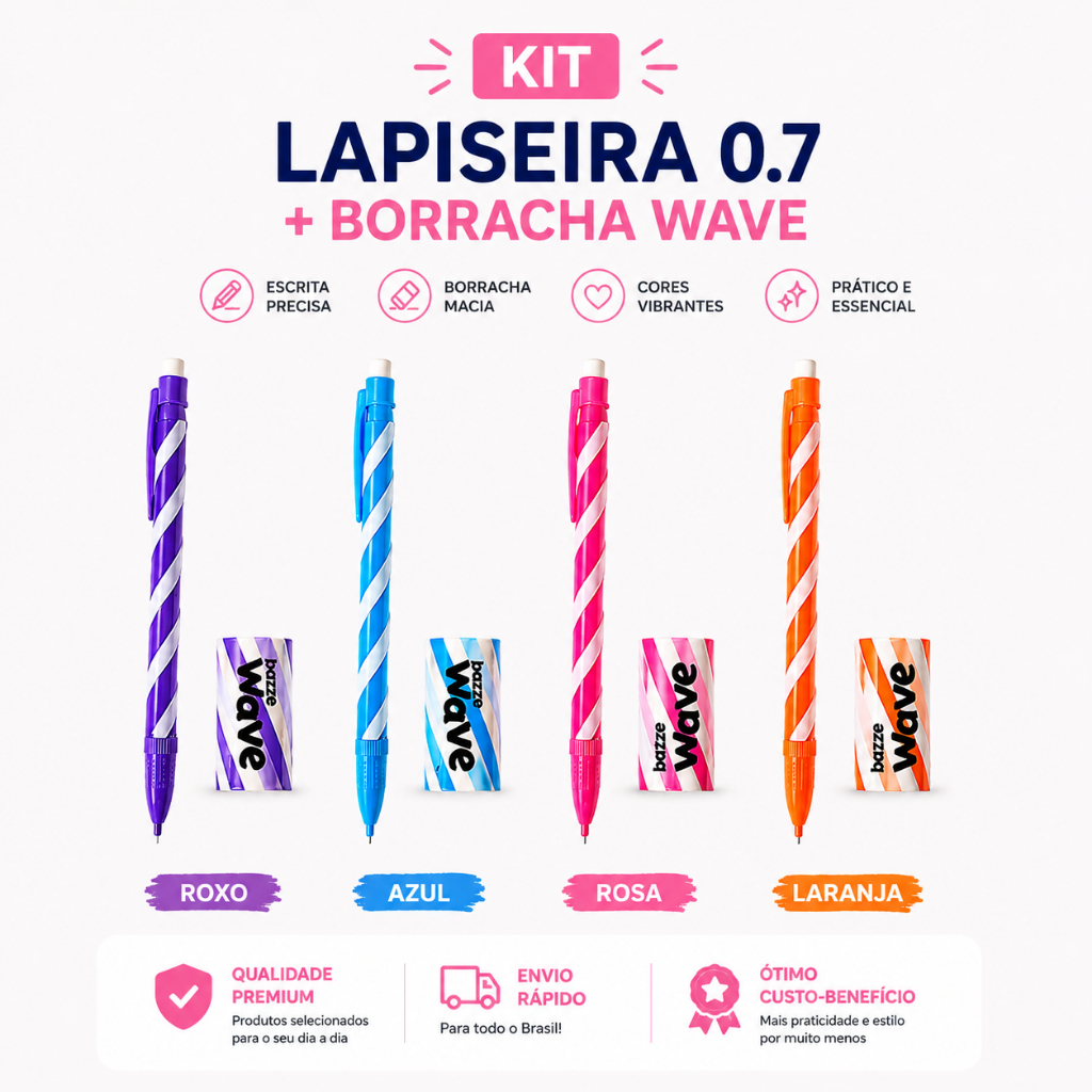 Kit Lapiseira Tris 0.7mm + Borracha Wave | Material Escolar Completo | 4 Cores Rosa Azul Roxo Laranja