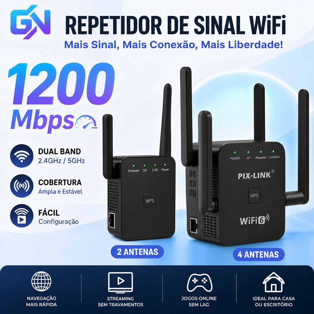 Repetidor WiFi 2/4 Antenas 1200Mbps 110V 220V Sinal Forte Ultra Rápido Amplificador Rede Sem Fio