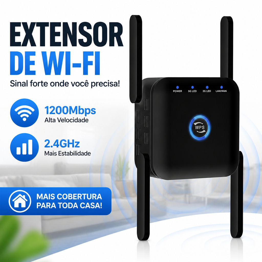 Extensor Repetidor WiFi 1200Mbps 2.4GHz Amplificador Rede Sem Fio Sinal Forte Ultra Rápido 110V/220V