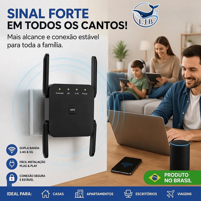 Repetidor WiFi 1200Mbps com 2/4 Antenas 110V/220V Sinal Forte Ultra Rápido e Amplificador Wireless WR54Q