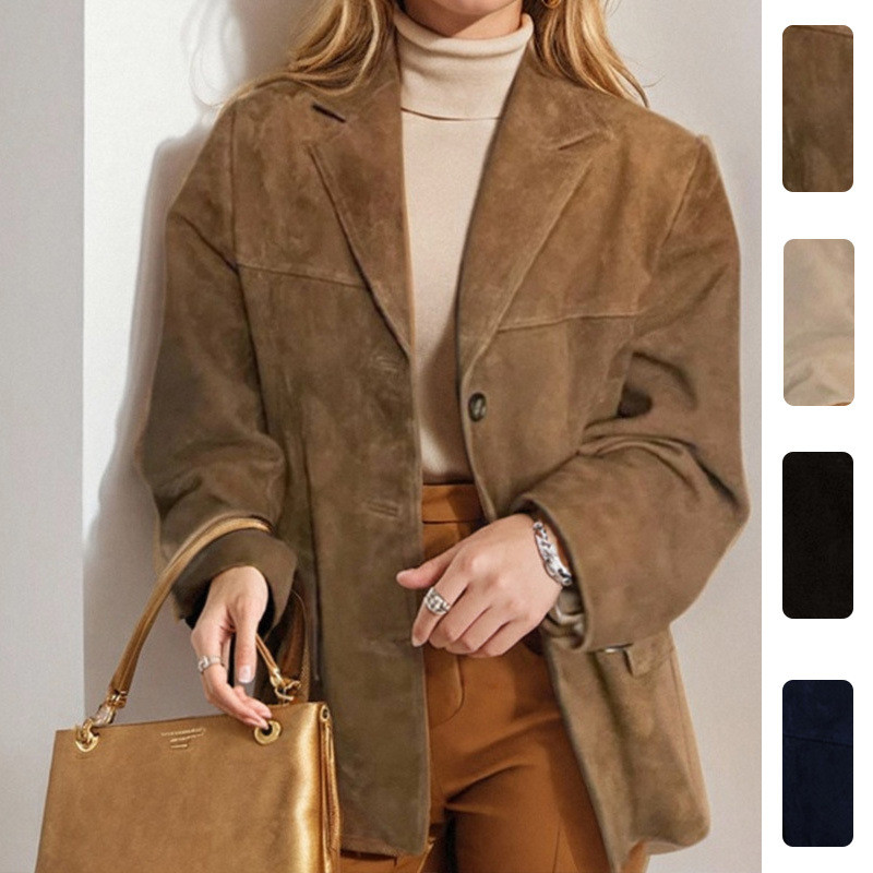Nova coleção de primavera 2026: casaco feminino, blazer moderno e folgado com bolso, gola de lapela e botões.